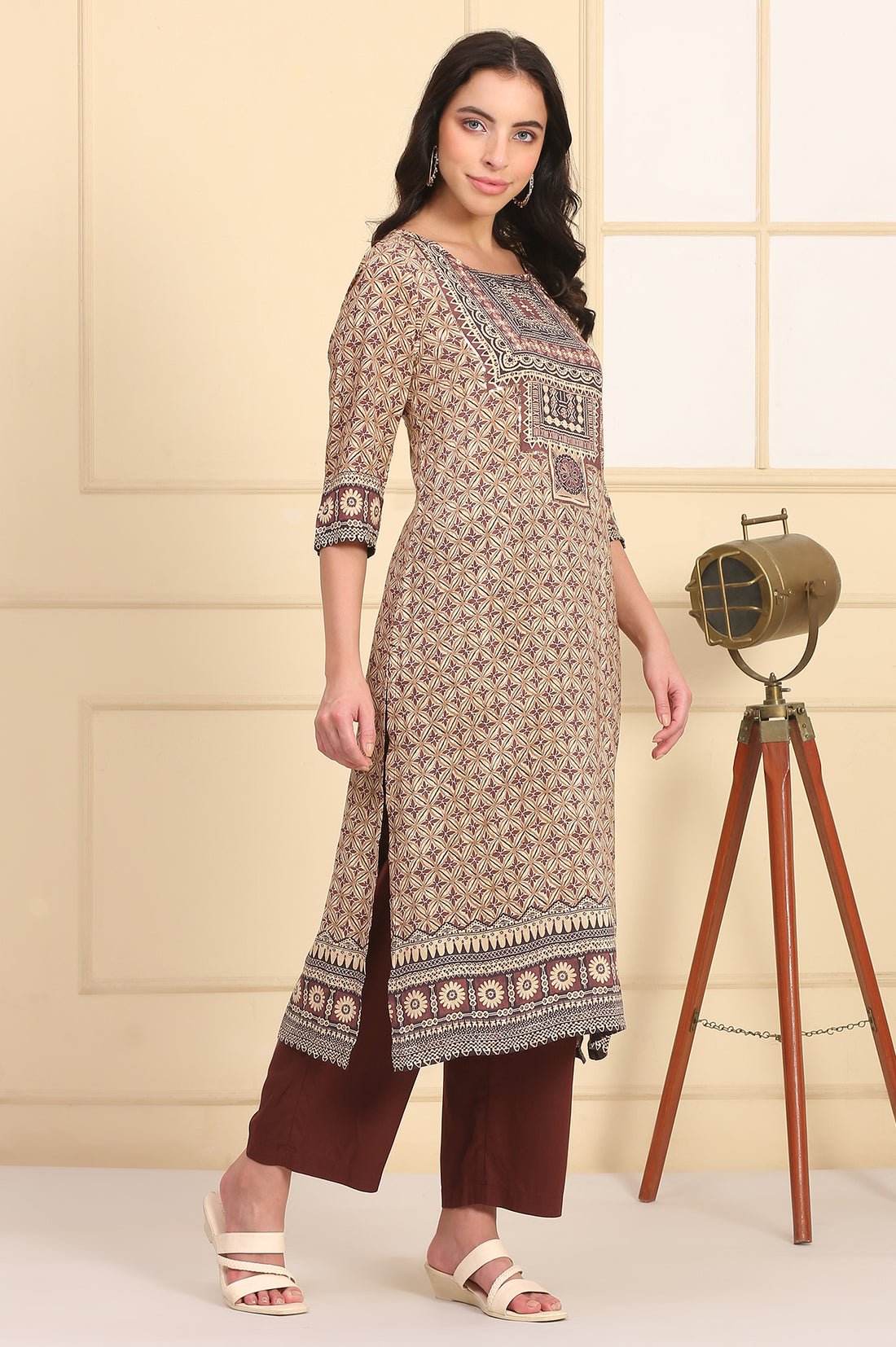 Brown Geometric Printed Sequins Straight Modal Kurta, Palazzos and Dupatta Set