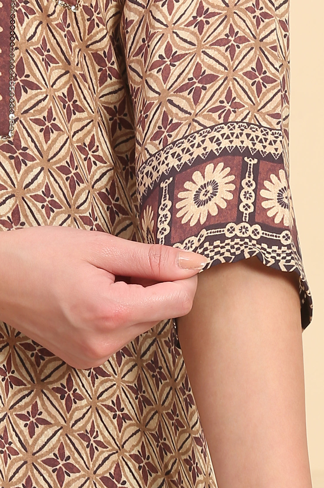 Brown Geometric Printed Sequins Straight Modal Kurta, Palazzos and Dupatta Set