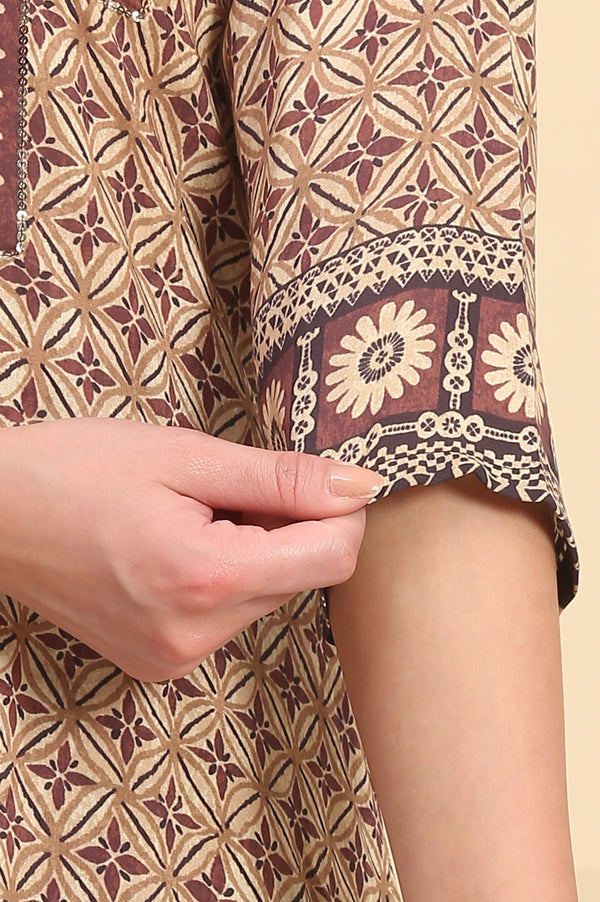 Brown Geometric Printed Sequins Straight Modal Kurta, Palazzos and Dupatta Set