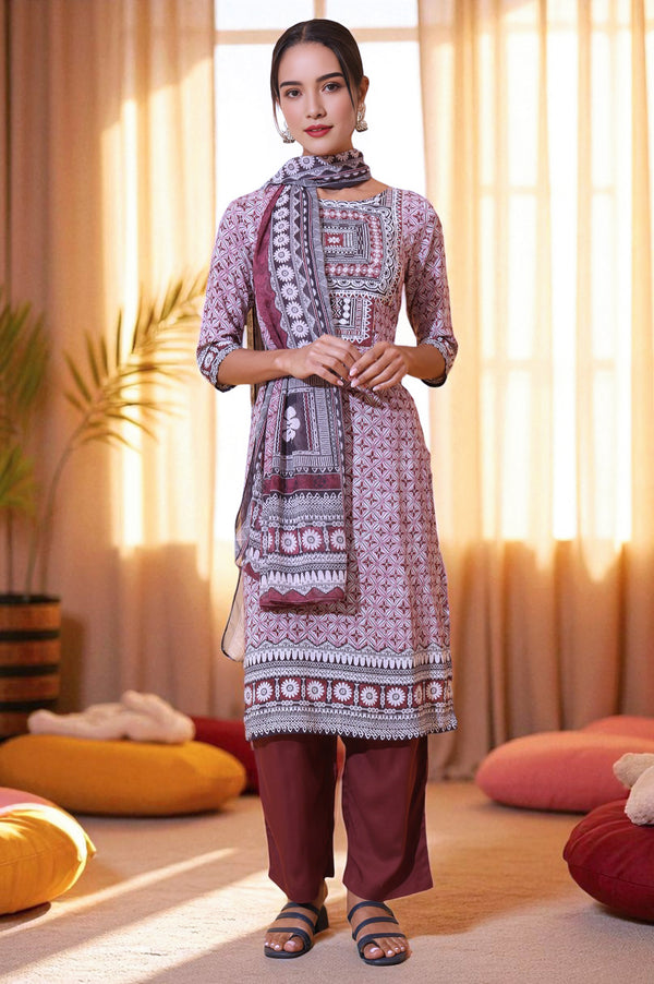 White and Purple Geometric Printed Modal Straight Kurta, Palazzo and Dupatta Set