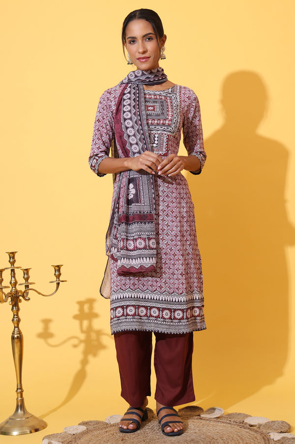 White and Purple Geometric Printed Modal Straight Kurta, Palazzo and Dupatta Set