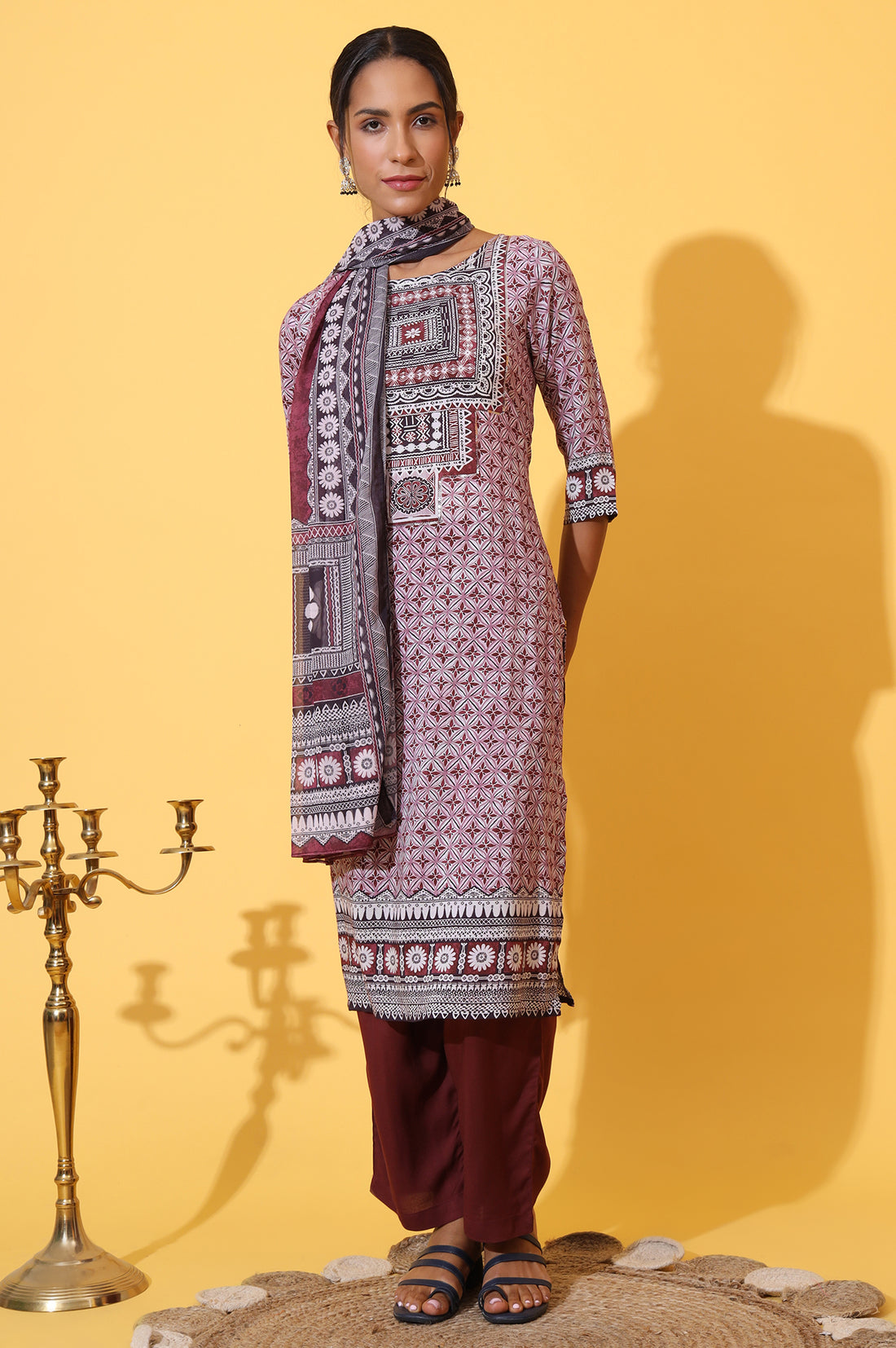 White and Purple Geometric Printed Modal Straight Kurta, Palazzo and Dupatta Set