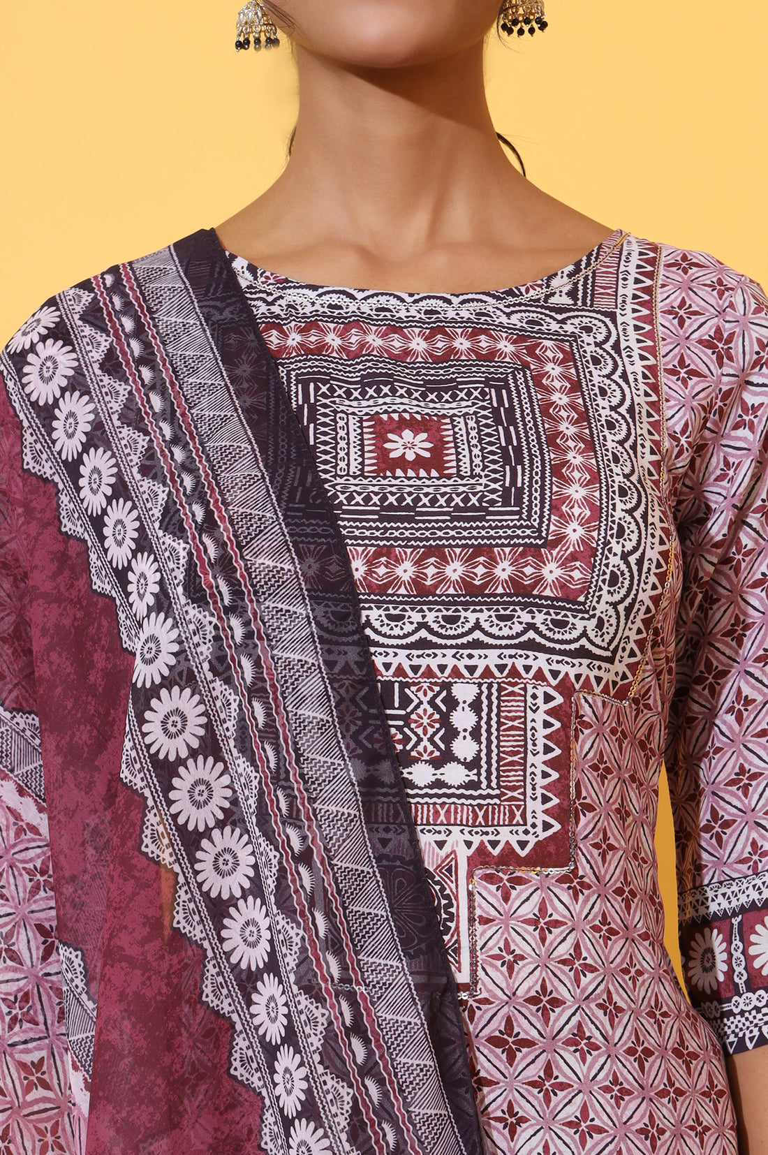 White and Purple Geometric Printed Modal Straight Kurta, Palazzo and Dupatta Set