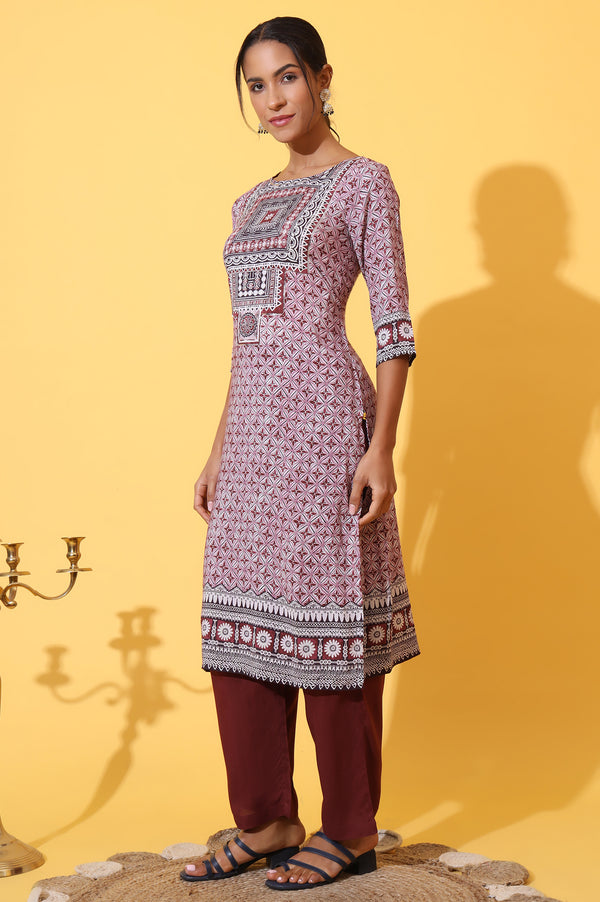 White and Purple Geometric Printed Modal Straight Kurta, Palazzo and Dupatta Set