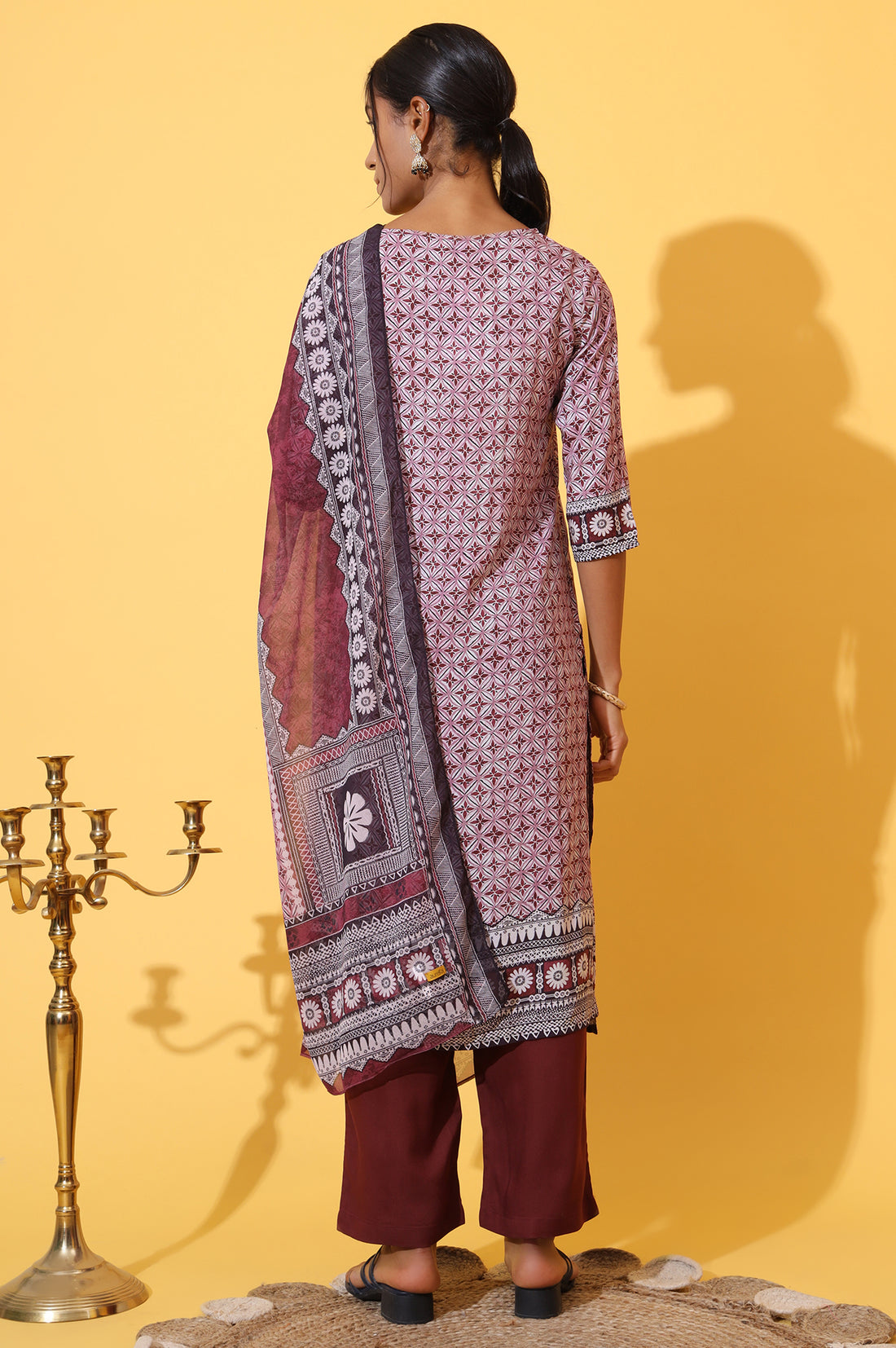 White and Purple Geometric Printed Modal Straight Kurta, Palazzo and Dupatta Set