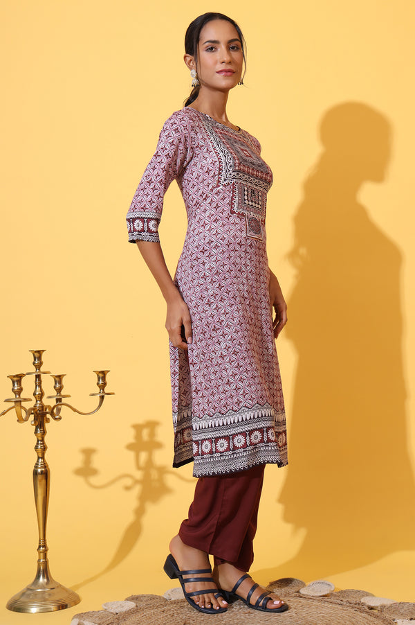 White and Purple Geometric Printed Modal Straight Kurta, Palazzo and Dupatta Set