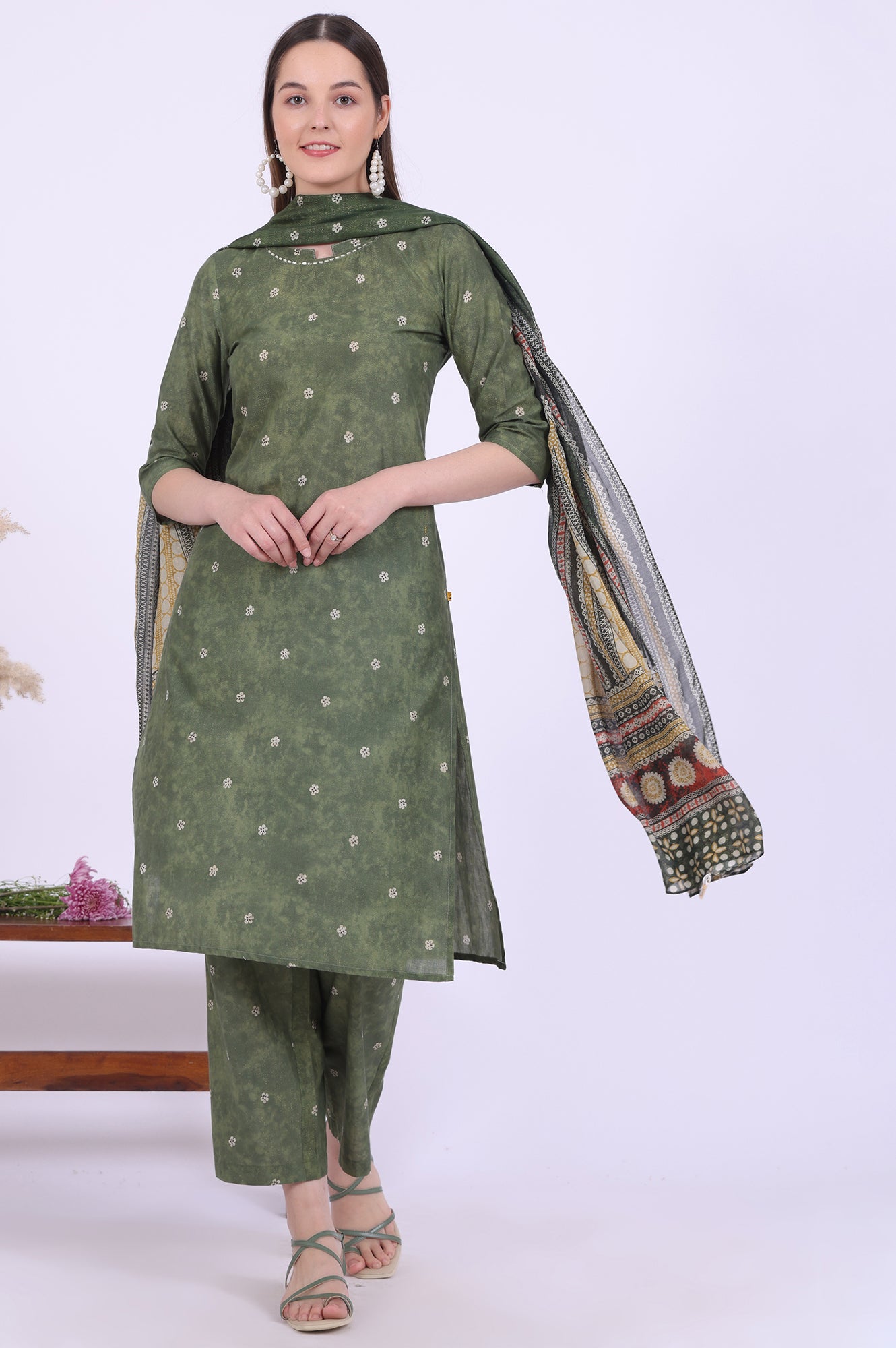 Green Printed Cotton Blend Straight Kurta with Palazzos &amp; Dupatta Set