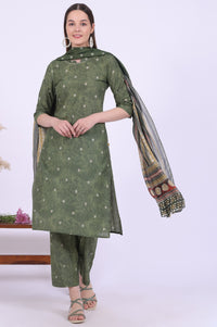 Green Printed Cotton Blend Straight Kurta with Palazzos &amp; Dupatta Set