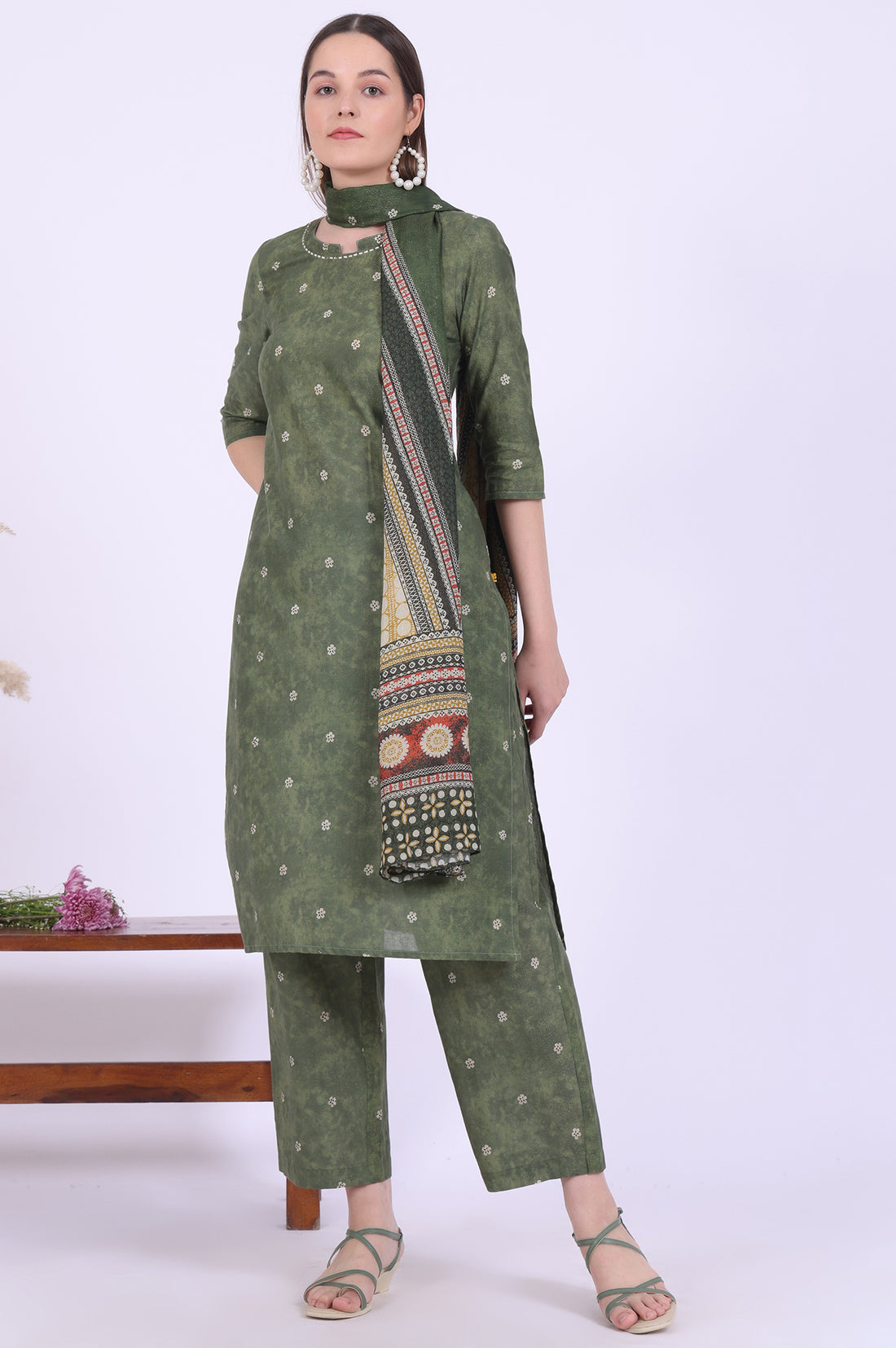 Green Printed Cotton Blend Straight Kurta with Palazzos &amp; Dupatta Set