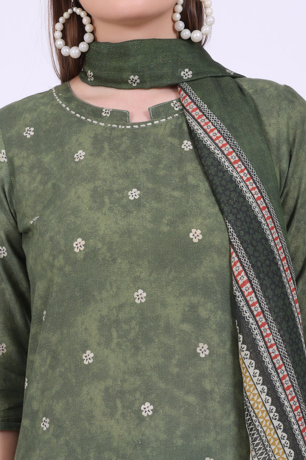 Green Printed Cotton Blend Straight Kurta with Palazzos & Dupatta Set