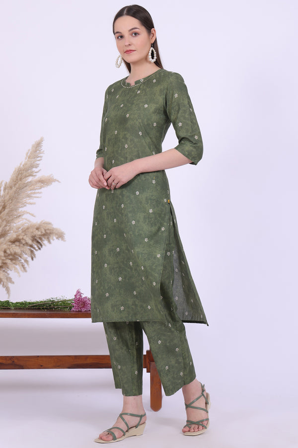 Green Printed Cotton Blend Straight Kurta with Palazzos & Dupatta Set