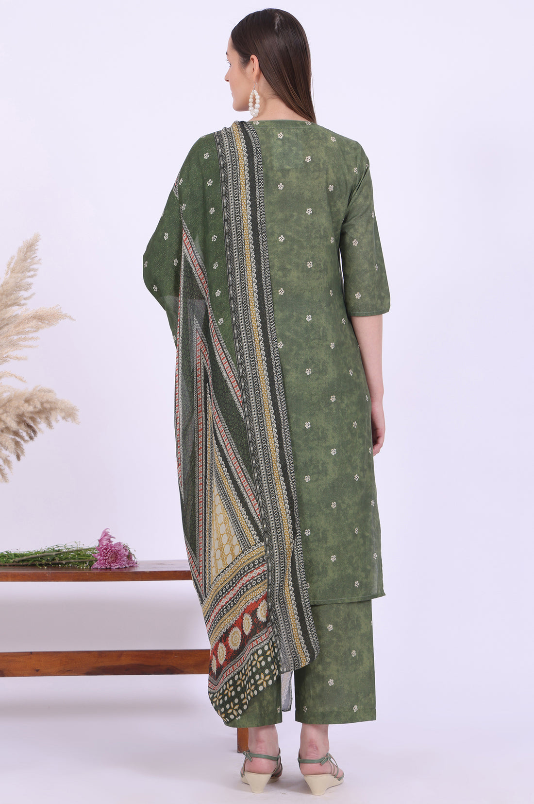 Green Printed Cotton Blend Straight Kurta with Palazzos &amp; Dupatta Set
