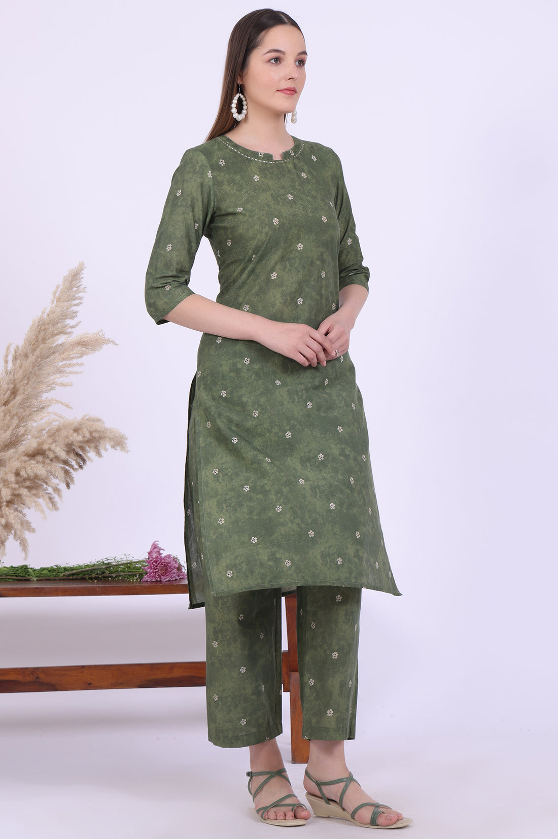 Green Printed Cotton Blend Straight Kurta with Palazzos &amp; Dupatta Set