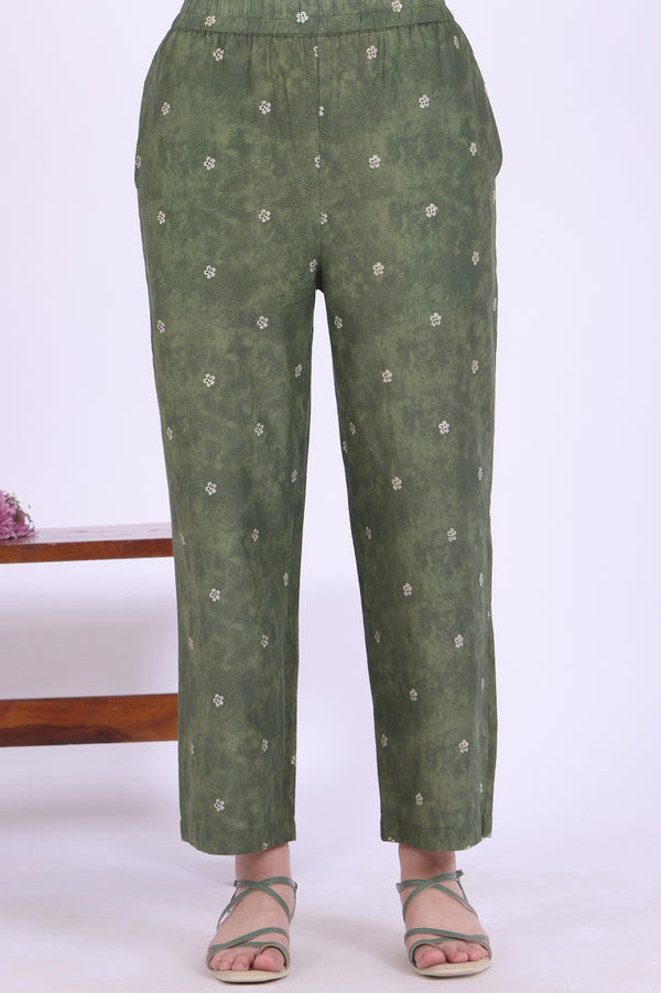 Green Printed Cotton Blend Straight Kurta with Palazzos & Dupatta Set