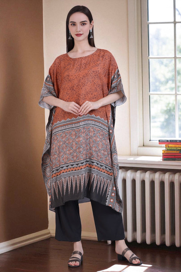 Rust Brown Geometric Printed Cotton Blend Kaftan and Palazzo Set