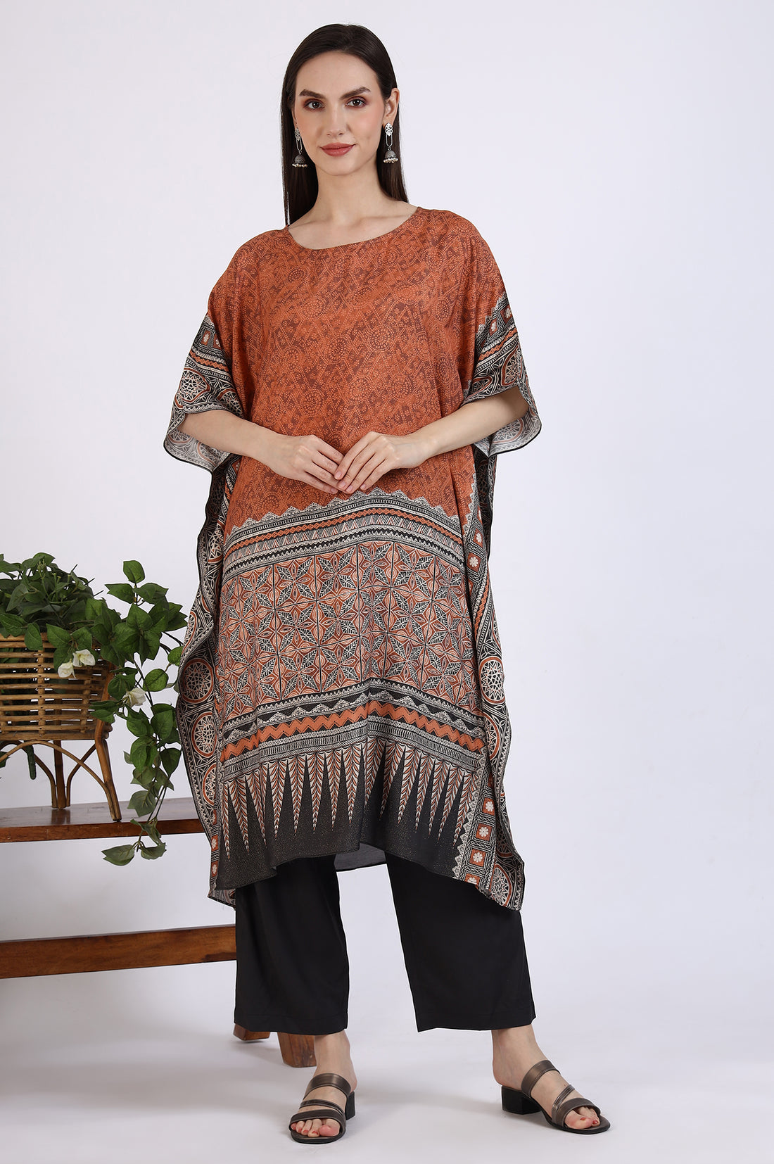 Rust Brown Geometric Printed Cotton Blend Kaftan and Palazzo Set