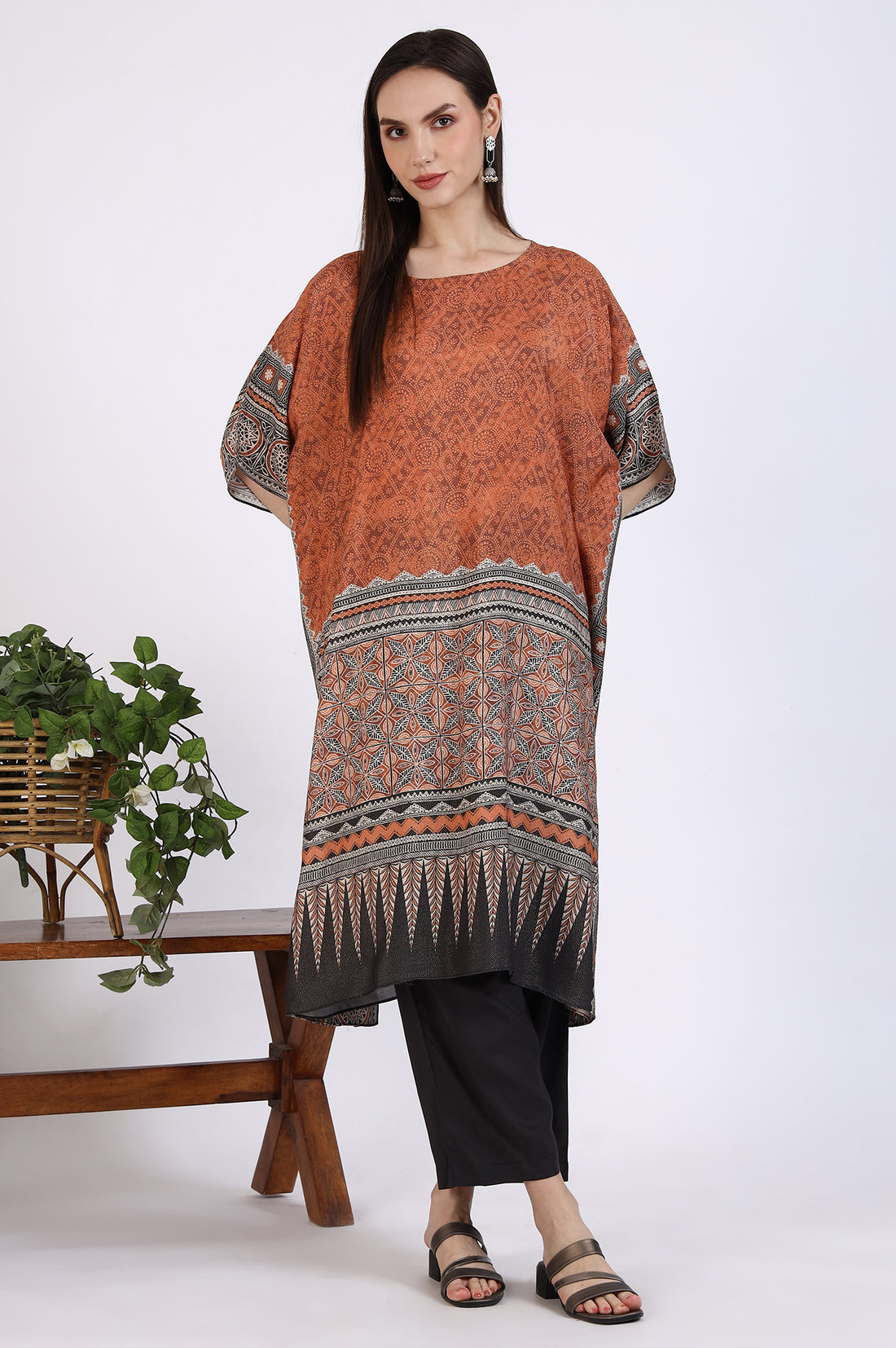 Rust Brown Geometric Printed Cotton Blend Kaftan and Palazzo Set