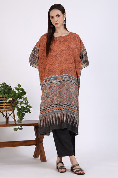 Rust Brown Geometric Printed Cotton Blend Kaftan and Palazzo Set