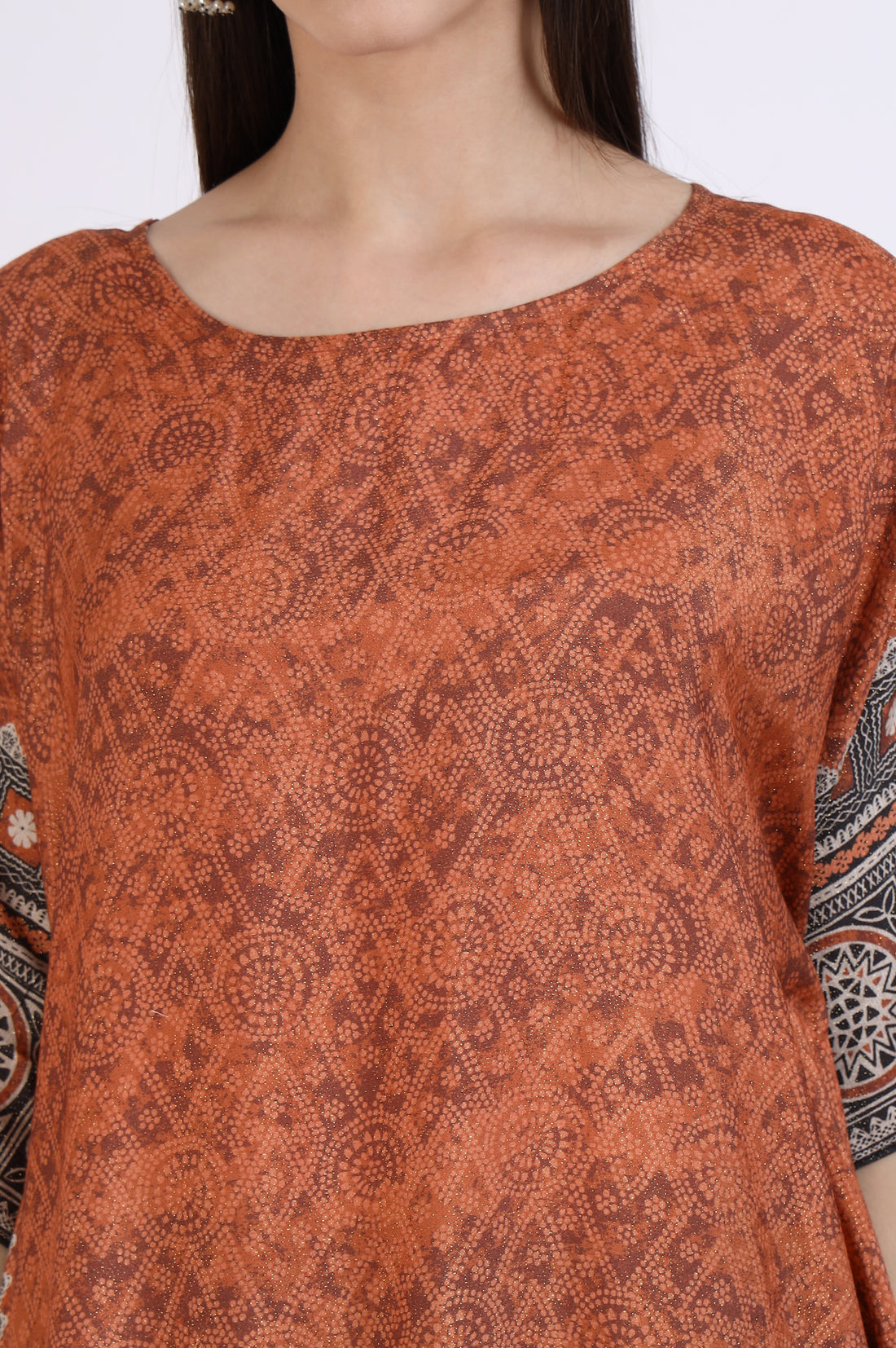 Rust Brown Geometric Printed Cotton Blend Kaftan and Palazzo Set