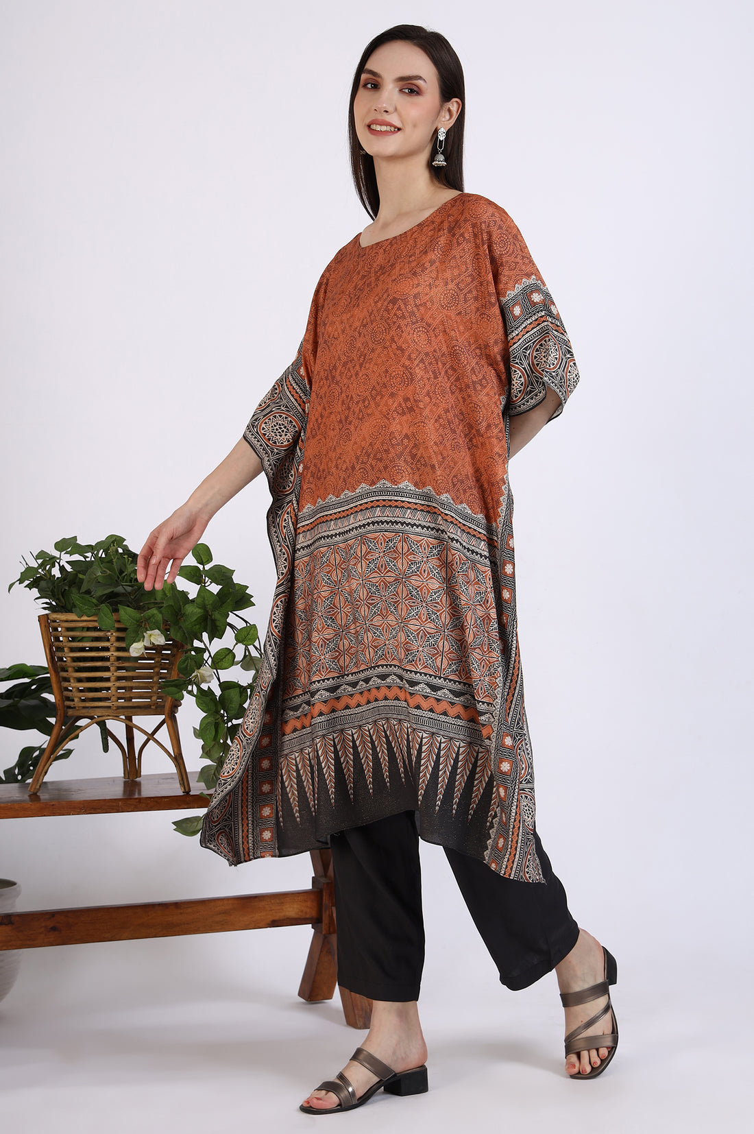 Rust Brown Geometric Printed Cotton Blend Kaftan and Palazzo Set