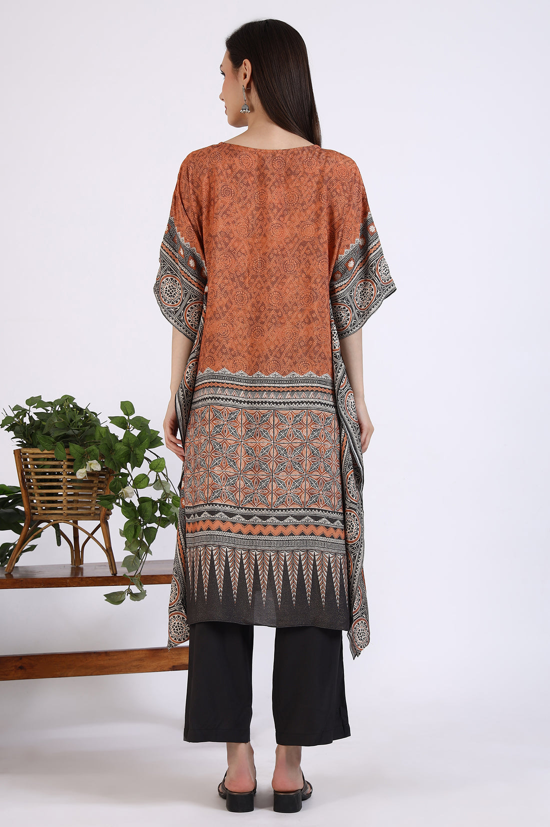 Rust Brown Geometric Printed Cotton Blend Kaftan and Palazzo Set