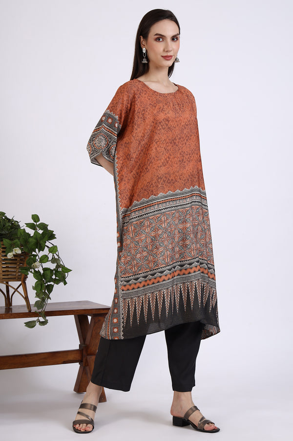 Rust Brown Geometric Printed Cotton Blend Kaftan and Palazzo Set