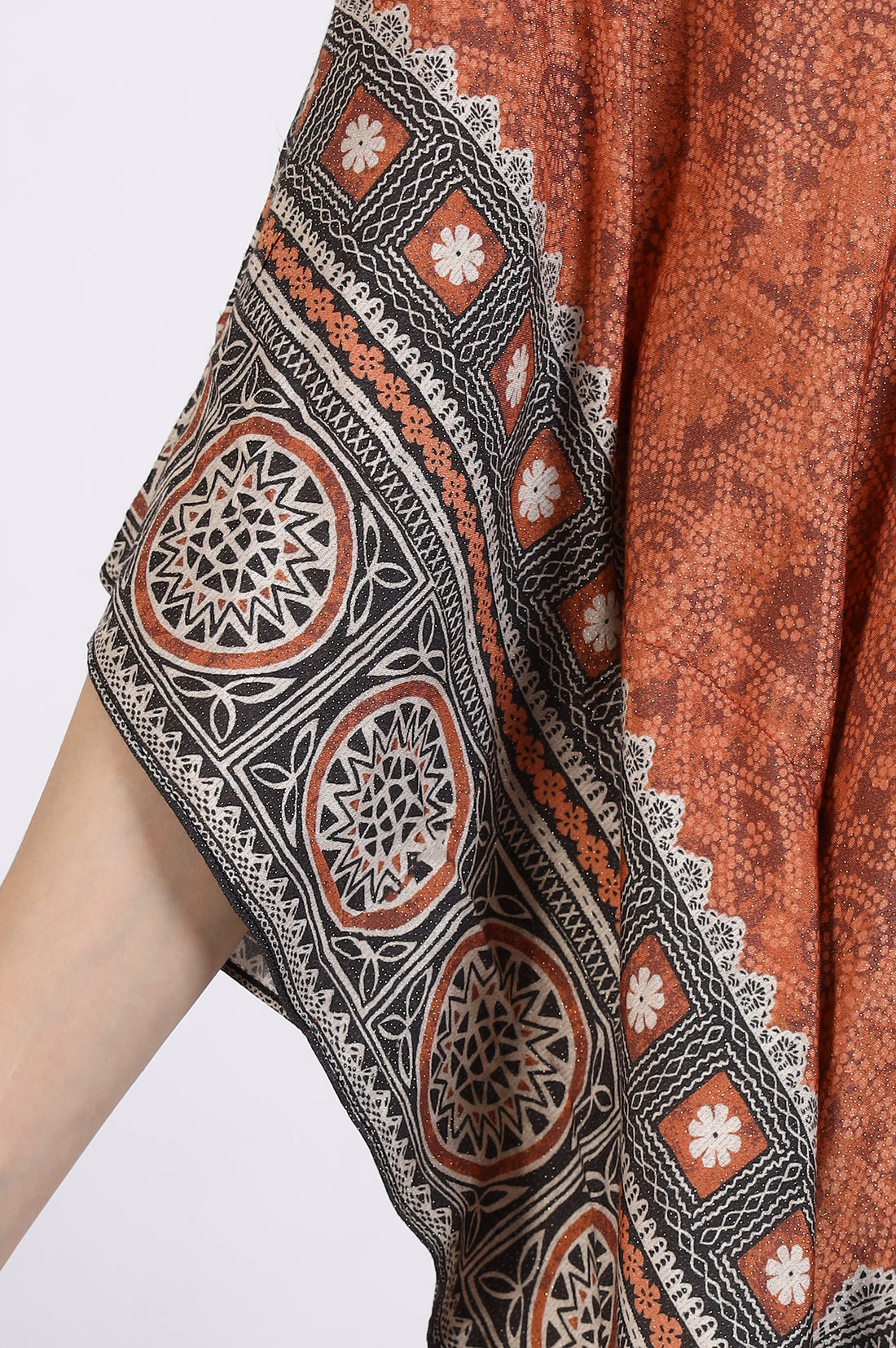 Rust Brown Geometric Printed Cotton Blend Kaftan and Palazzo Set