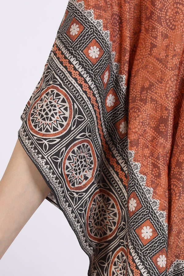 Rust Brown Geometric Printed Cotton Blend Kaftan and Palazzo Set