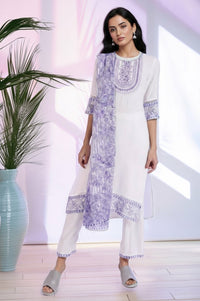 White Embroidered Straight Kurta with Palazzos &amp; Dupatta Set