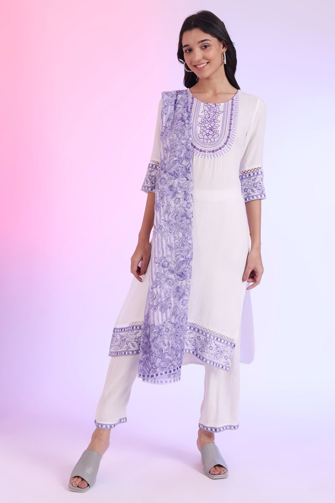 White Embroidered Straight Kurta with Palazzos &amp; Dupatta Set