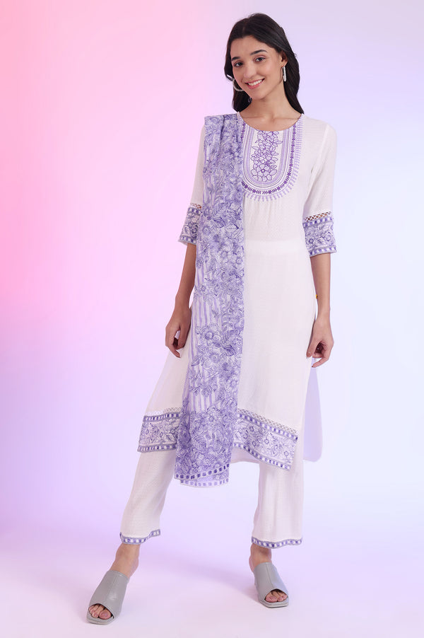 White Embroidered Straight Kurta with Palazzos & Dupatta Set