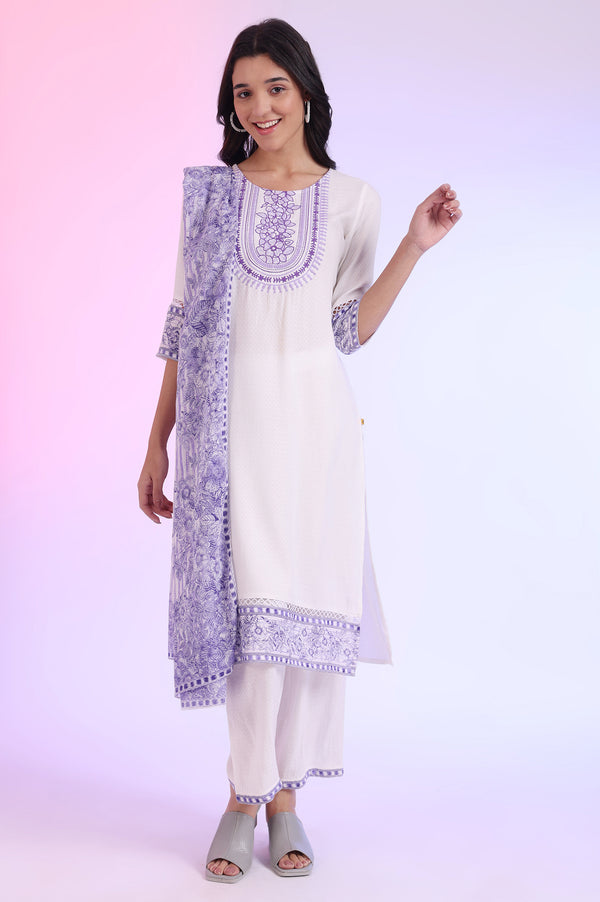 White Embroidered Straight Kurta with Palazzos & Dupatta Set