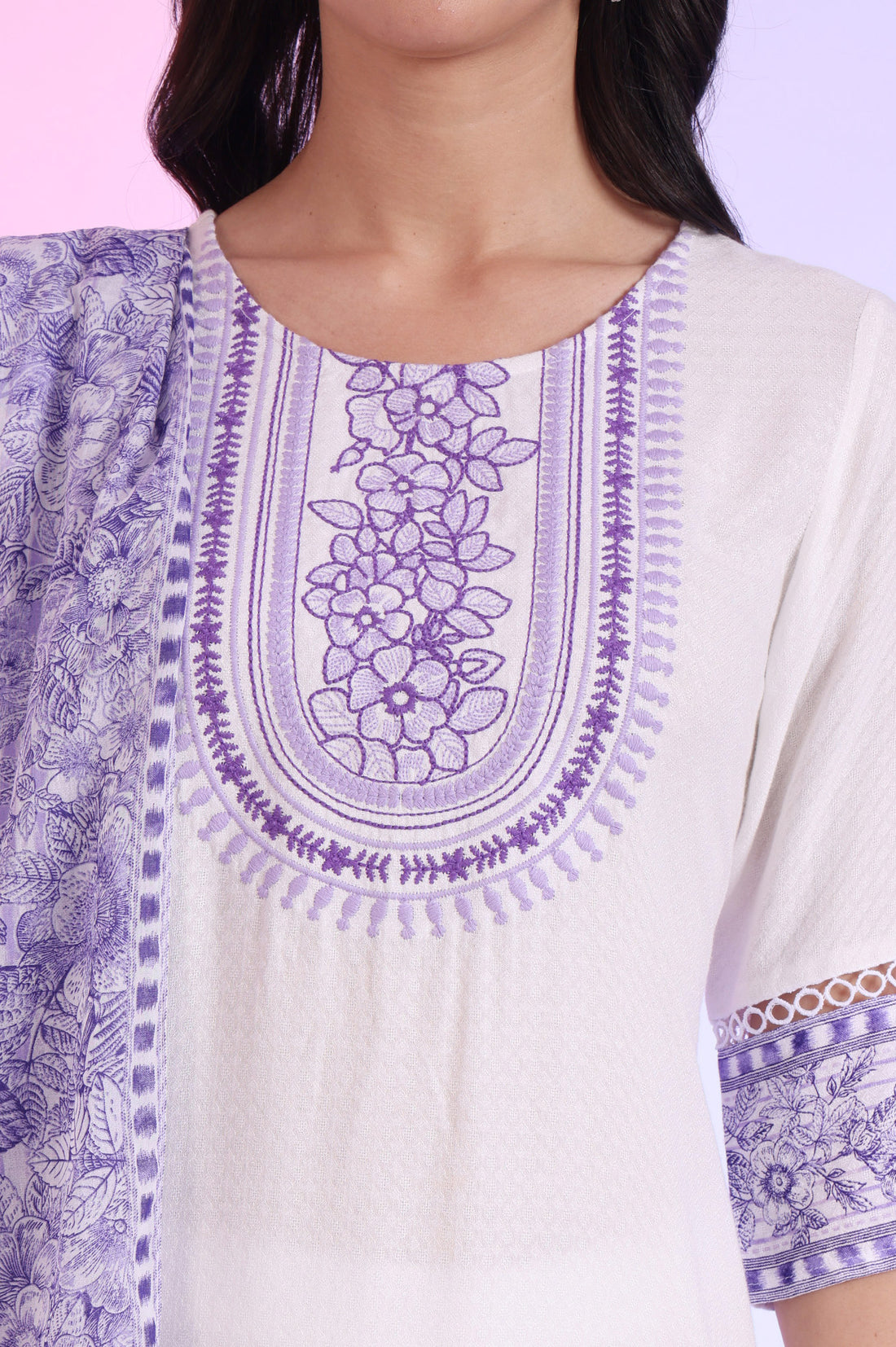 White Embroidered Straight Kurta with Palazzos &amp; Dupatta Set