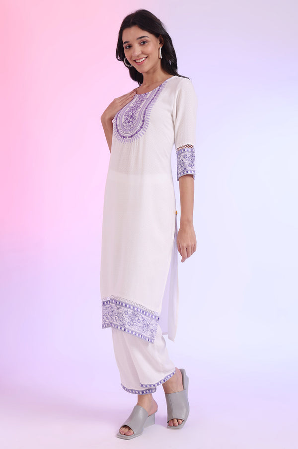 White Embroidered Straight Kurta with Palazzos & Dupatta Set