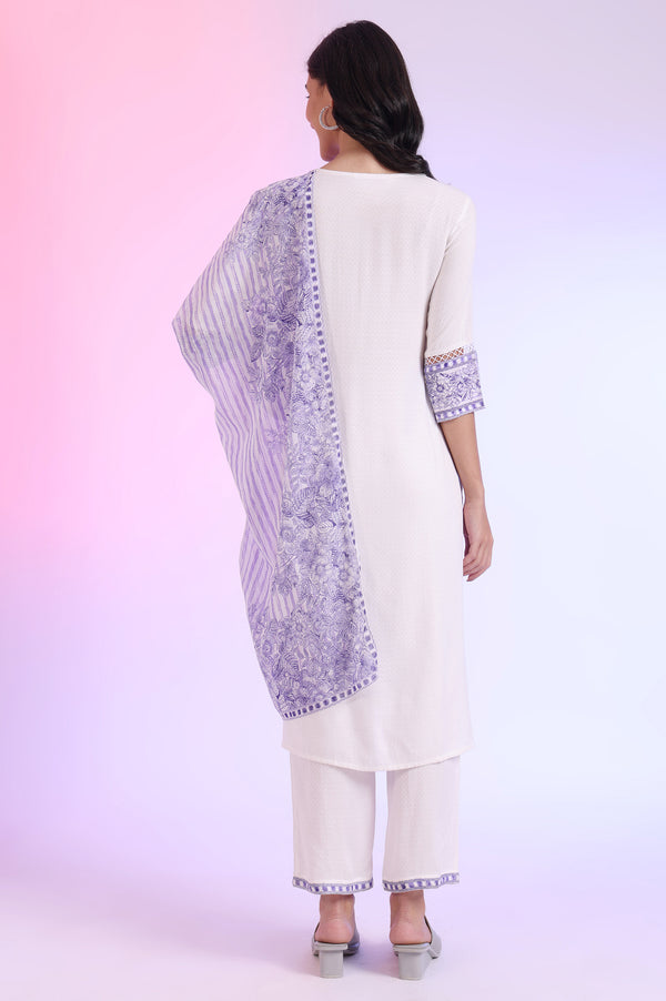 White Embroidered Straight Kurta with Palazzos & Dupatta Set