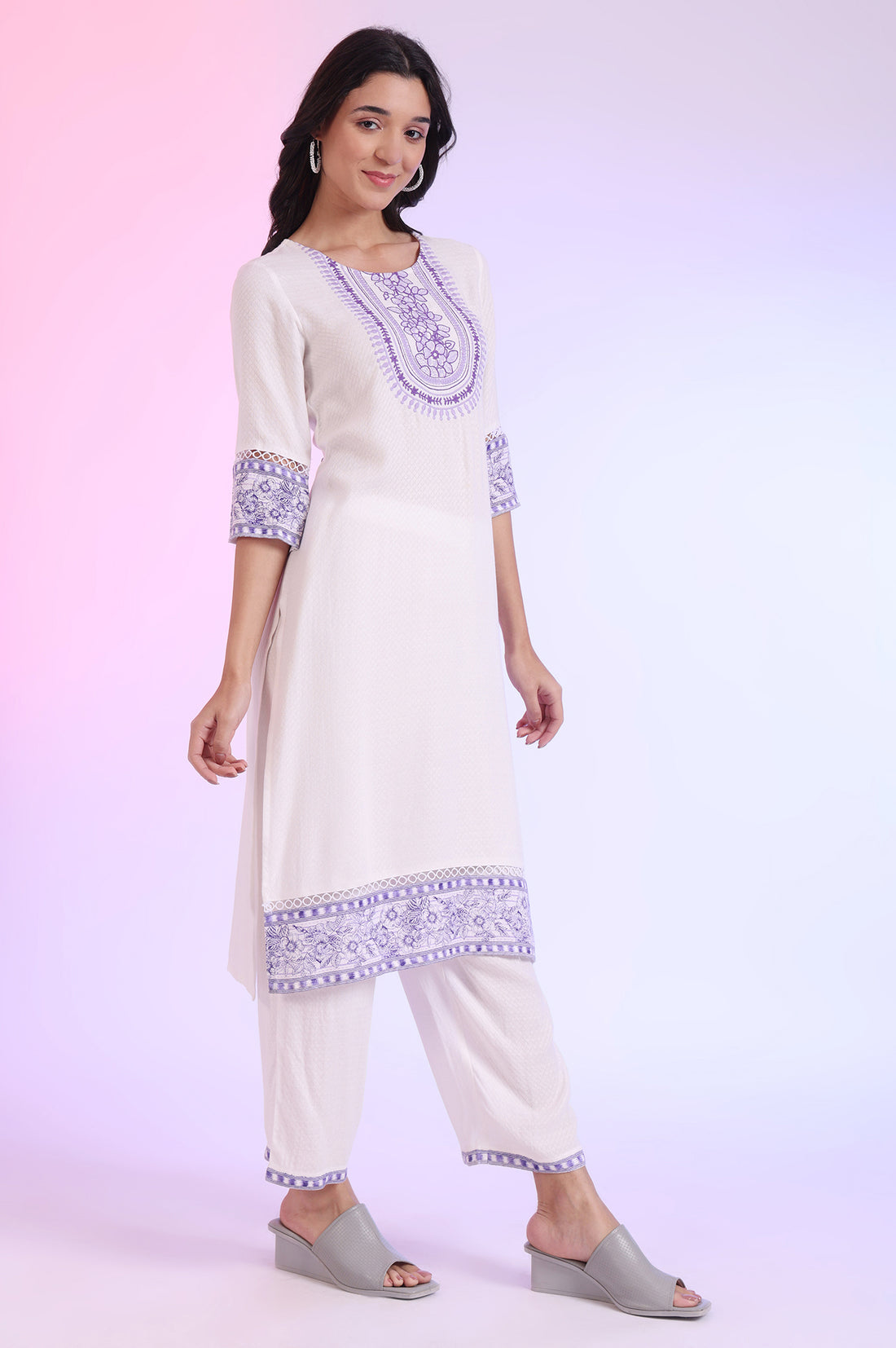 White Embroidered Straight Kurta with Palazzos &amp; Dupatta Set