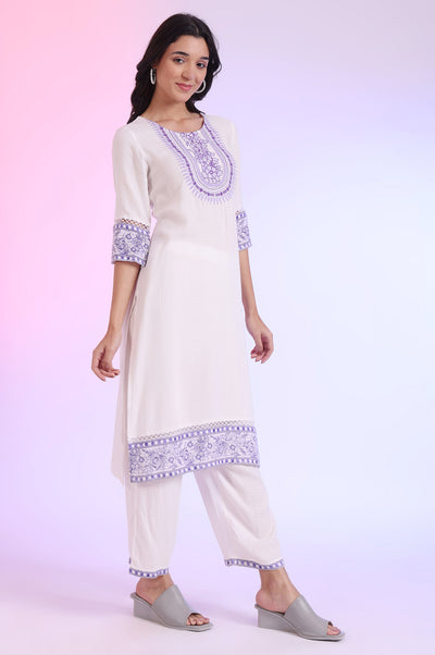 White Embroidered Straight Kurta with Palazzos & Dupatta Set