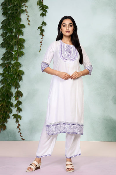 White Solid Embroidered Yoke Straight Kurta and Palazzo Set