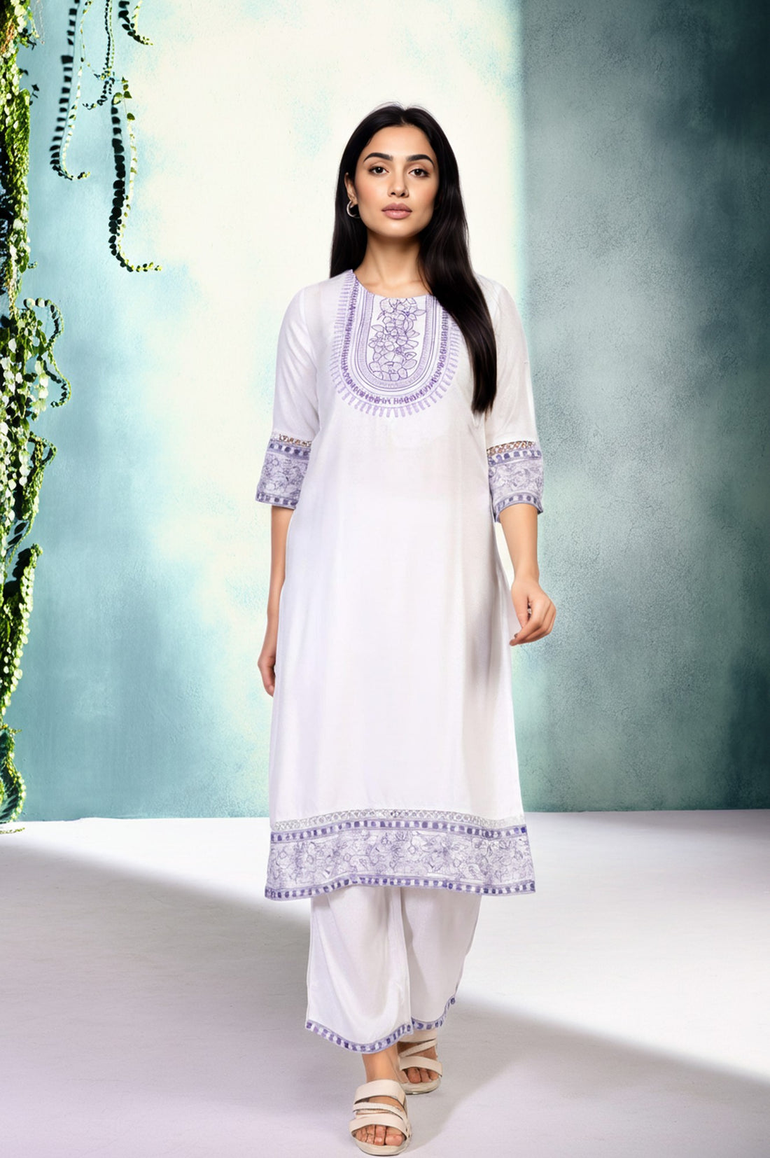 White Solid Embroidered Yoke Straight Kurta and Palazzo Set