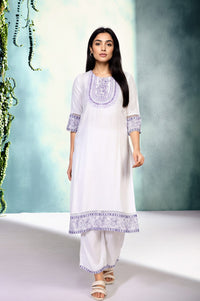 White Solid Embroidered Yoke Straight Kurta and Palazzo Set