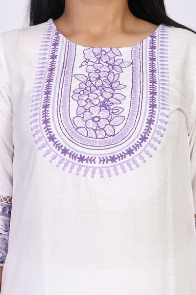 White Solid Embroidered Yoke Straight Kurta and Palazzo Set