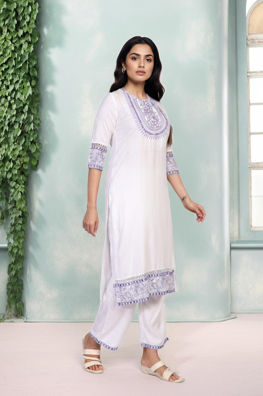White Solid Embroidered Yoke Straight Kurta and Palazzo Set