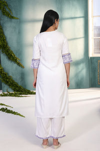 White Solid Embroidered Yoke Straight Kurta and Palazzo Set