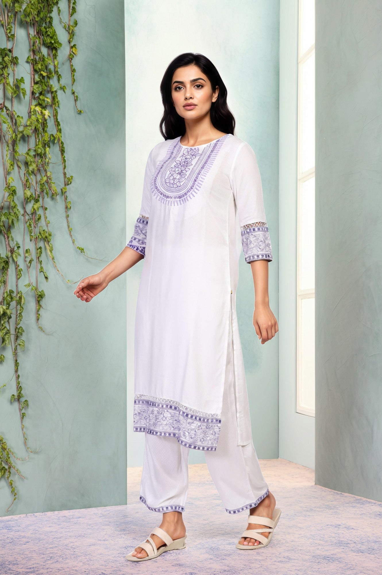 White Solid Embroidered Yoke Straight Kurta and Palazzo Set