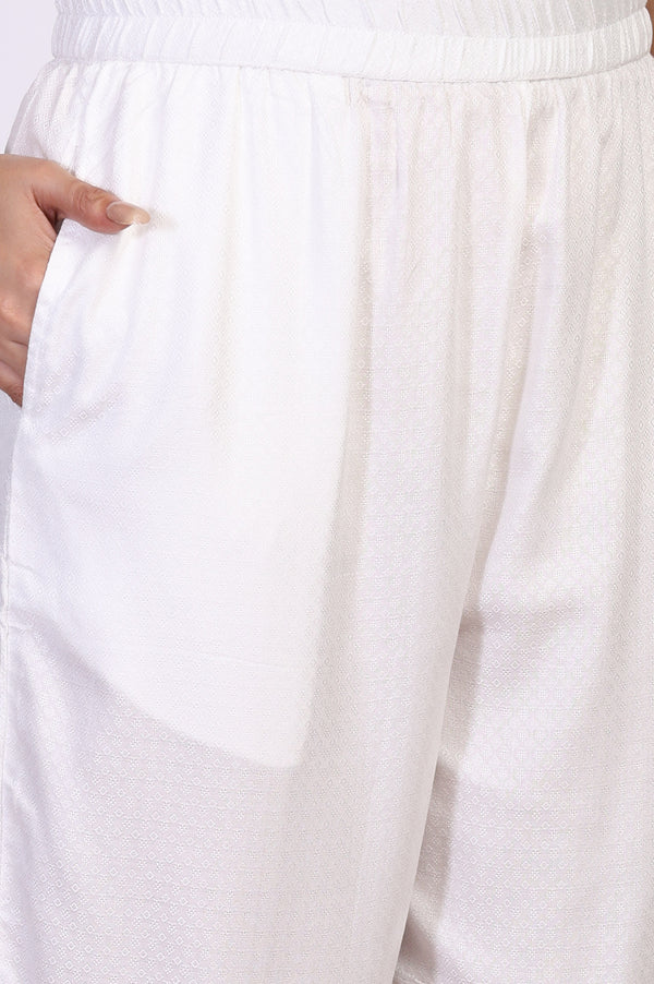 White Solid Embroidered Yoke Straight Kurta and Palazzo Set