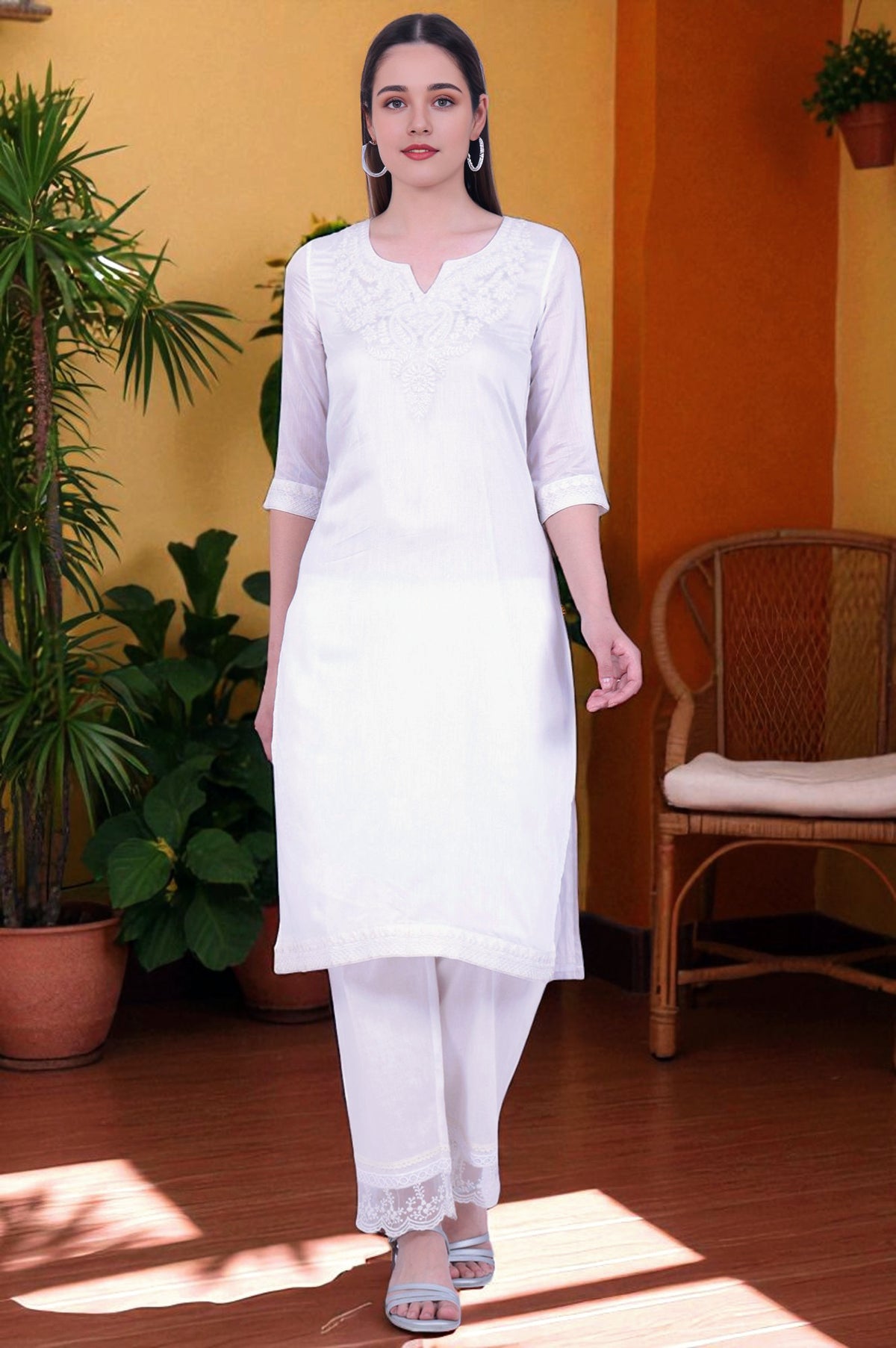 White Embroidered Pure Cotton Straight Kurta with Palazzos & Dupatta Set - S
