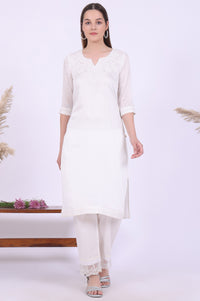 White Embroidered Pure Cotton Straight Kurta with Palazzos &amp; Dupatta Set