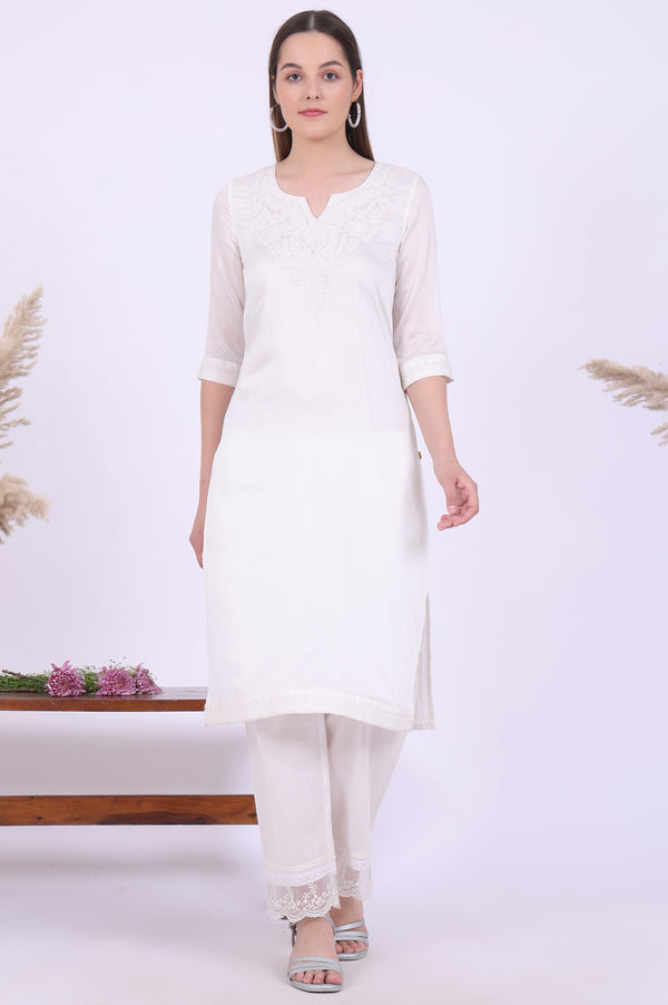 White Embroidered Pure Cotton Straight Kurta with Palazzos & Dupatta Set