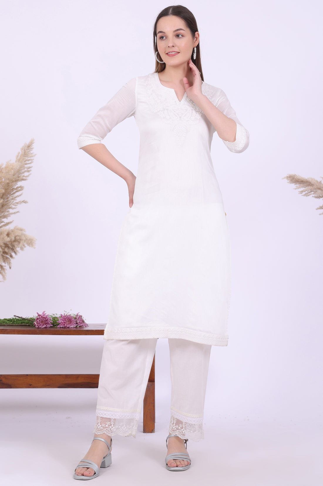 White Embroidered Pure Cotton Straight Kurta with Palazzos &amp; Dupatta Set