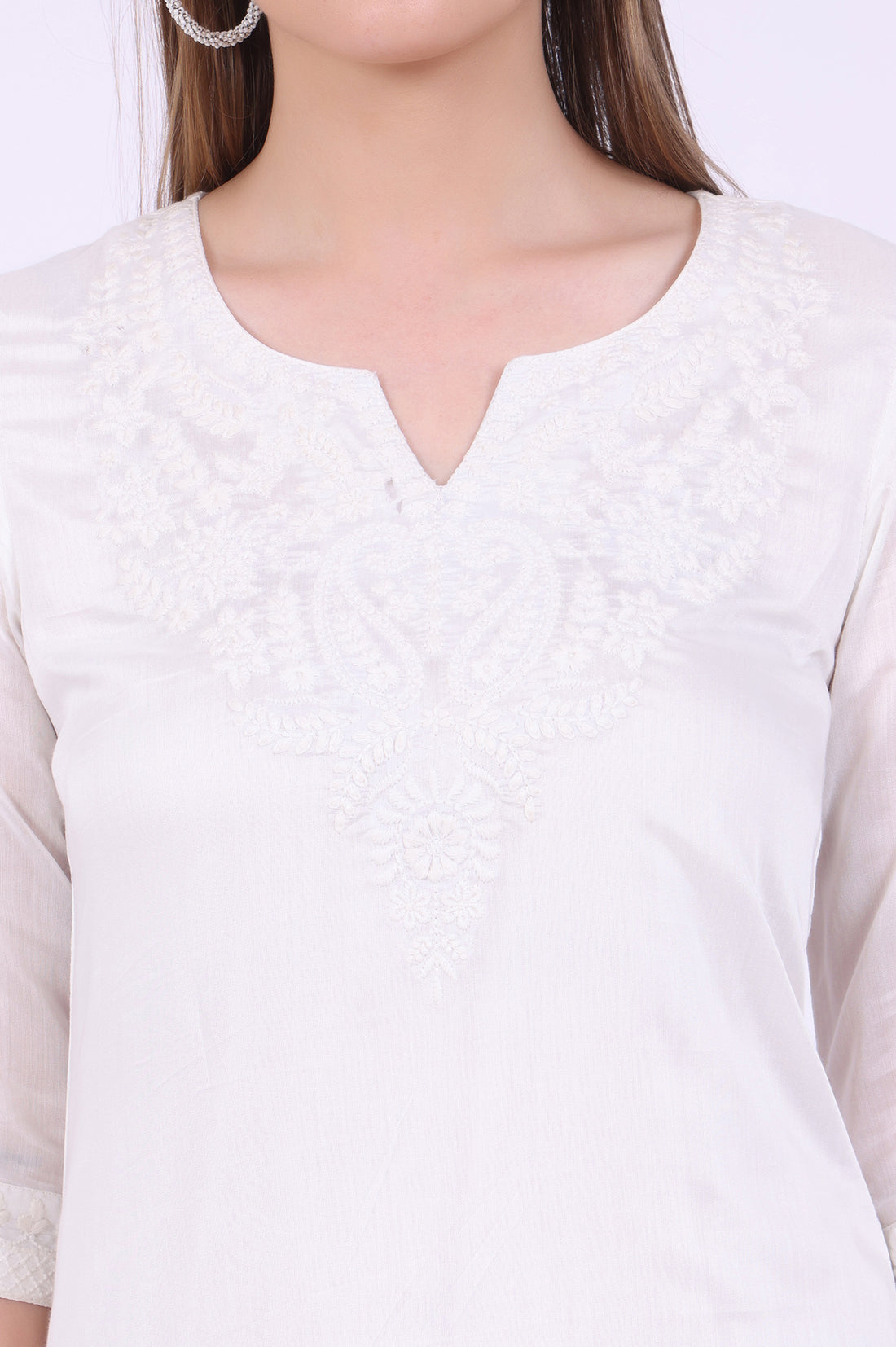 White Embroidered Pure Cotton Straight Kurta with Palazzos &amp; Dupatta Set